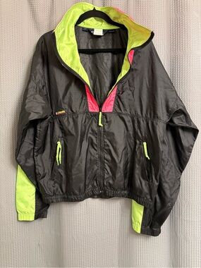 Vintage 80s/90s Columbia Neon Windbreaker Jacket Men’s L Black Pink Lime Green